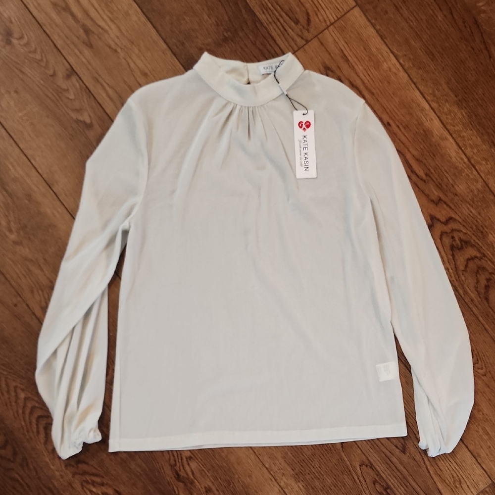 Kate Kasin Classic High Neck Cream Long Sleeve Blouse